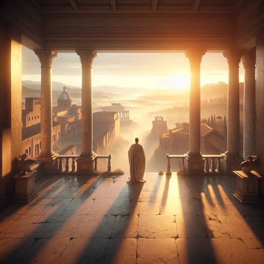 A Roman philosopher in toga stands peacefully on a marble balcony at sunrise overlooking the sprawling cityscape of ancient Rome, embodying Stoic wisdom and calm reflection in a warm, cinematic style.