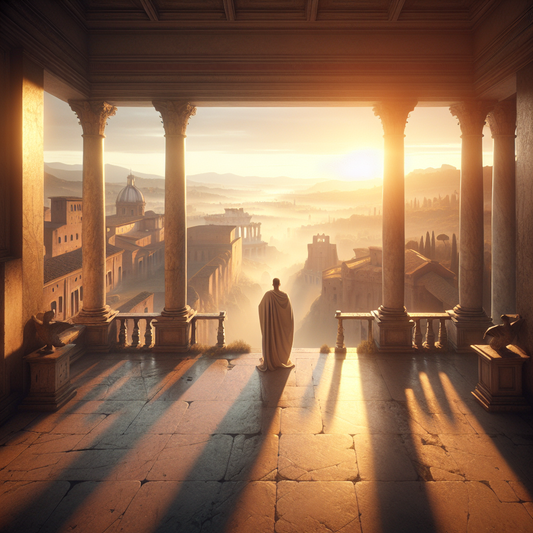 A Roman philosopher in toga stands peacefully on a marble balcony at sunrise overlooking the sprawling cityscape of ancient Rome, embodying Stoic wisdom and calm reflection in a warm, cinematic style.