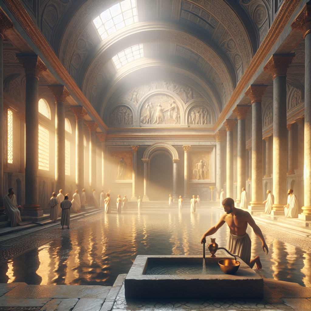 Ancient Roman bathhouse interior with marble walls and steam, featuring a person using a strigil for skin cleansing in a warm, cinematic historical style.