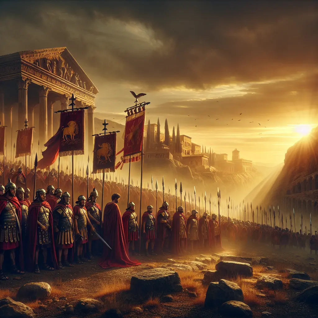 Roman legionaries on a sunset battlefield carrying banners marked with the bull emblem of Legio III Gallica, set before an ancient city under a golden sky, in the style of 1960s Roman historical epics.