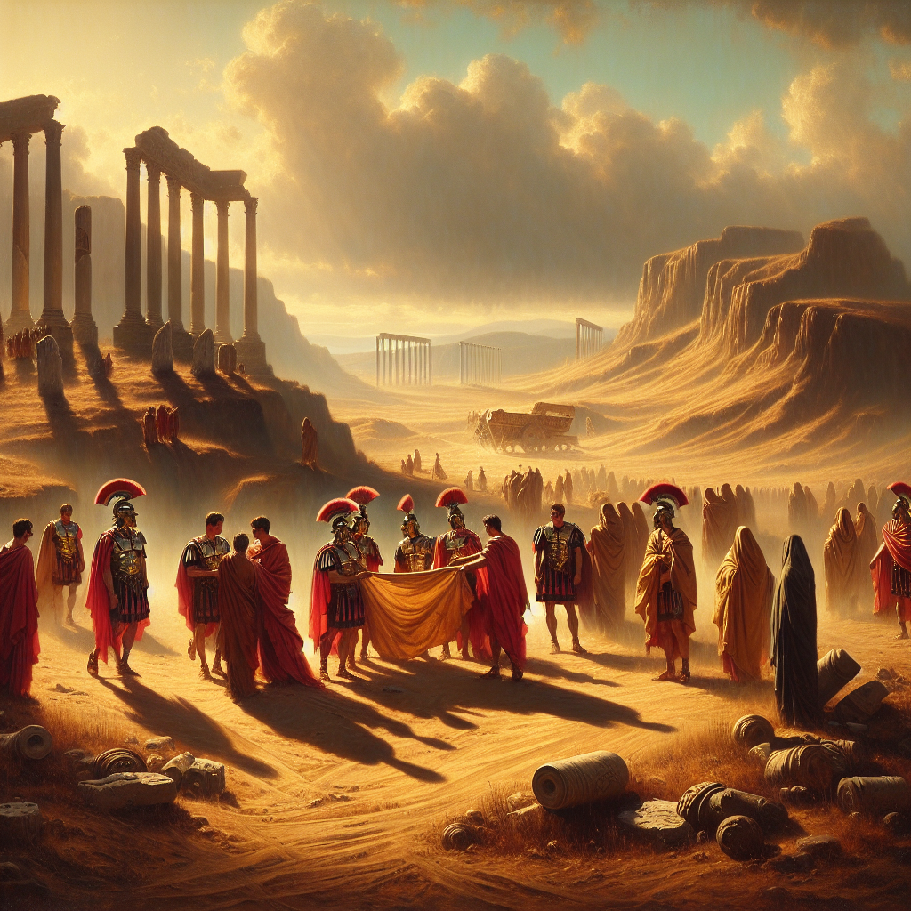 Roman soldiers in red armor exchanging secret scroll messages on a dusty battlefield with spies watching, inspired by Julius Caesar's military campaigns and cipher use, in a cinematic 1960s epic painting style.