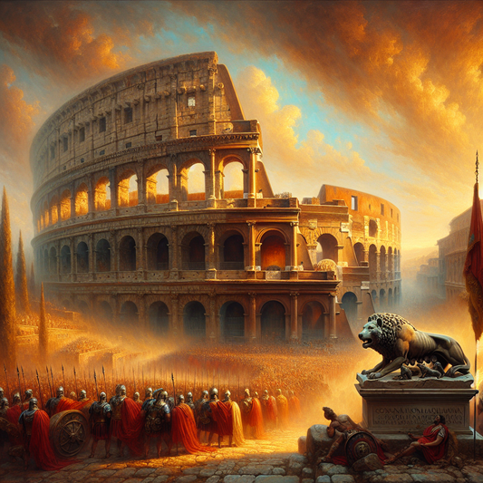 The Capitoline Wolf statue with Roman legionary bull emblems and the Colosseum glowing under a golden sunset, in a cinematic 1960s historical painting style.