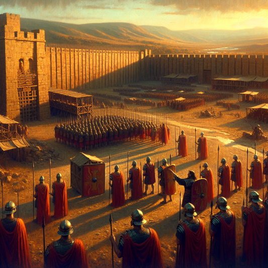 Ancient Roman castrum military camp at dawn with rectangular fortifications, straight streets, thick walls, and Roman legionnaires on guard, in the style of a 1960s historical epic painting.