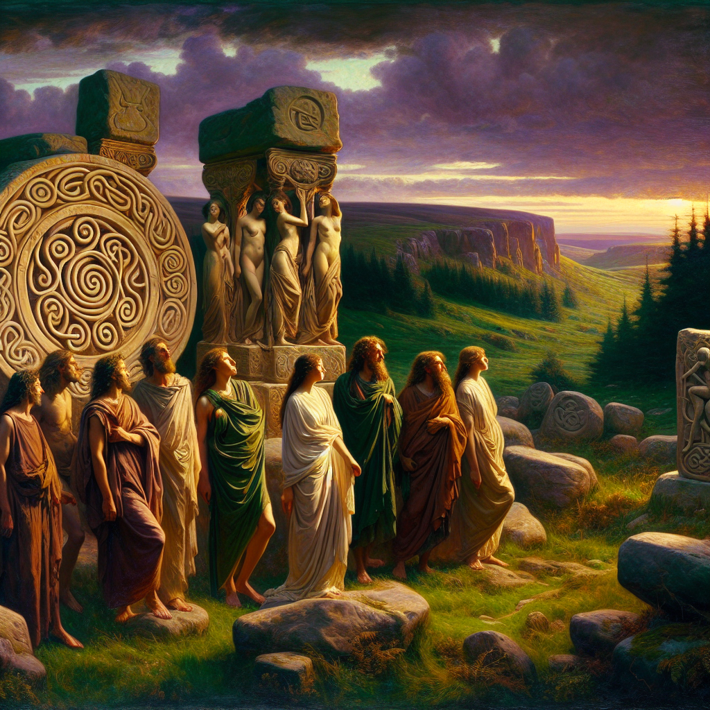 A cinematic oil painting showing Celtic-inspired deities in robes standing among ancient symbols and green hills under a twilight sky, in a style reminiscent of 1960s Roman historical epics.