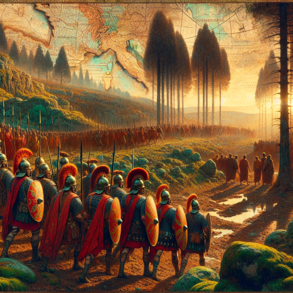 Roman soldiers march through dense Celtic forests merging into a modern map of France under a golden sunrise, in a 1960s historical epic painting style.