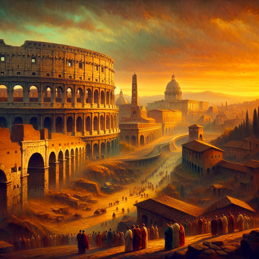 Ancient Roman cityscape featuring the Colosseum and aqueducts under a dramatic sunset sky, rendered in a cinematic style inspired by 1960s historical film epics.