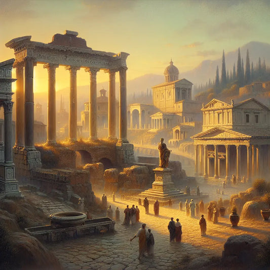 A serene ancient Roman cityscape at dawn with classical temples, citizens in togas, and subtle stoic virtue symbols like a philosopher's statue, fortress, scales, and urn in a warm golden light.