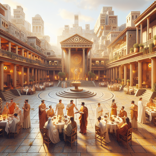 A warm, inviting scene of people greeting each other with smiles and handshakes at a German café blending Roman classical architecture with modern urban life, painted in a cinematic historical style.