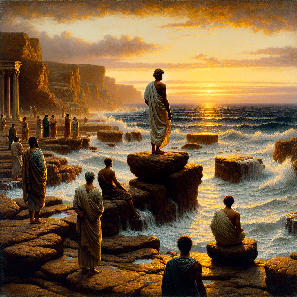 Serene Roman coastline at sunset with philosopher in toga, symbolizing peaceful stillness and Stoic harmony.