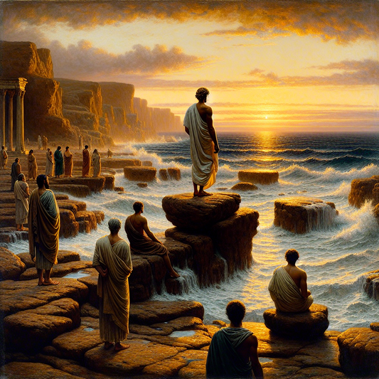 Serene Roman coastline at sunset with philosopher in toga, symbolizing peaceful stillness and Stoic harmony.