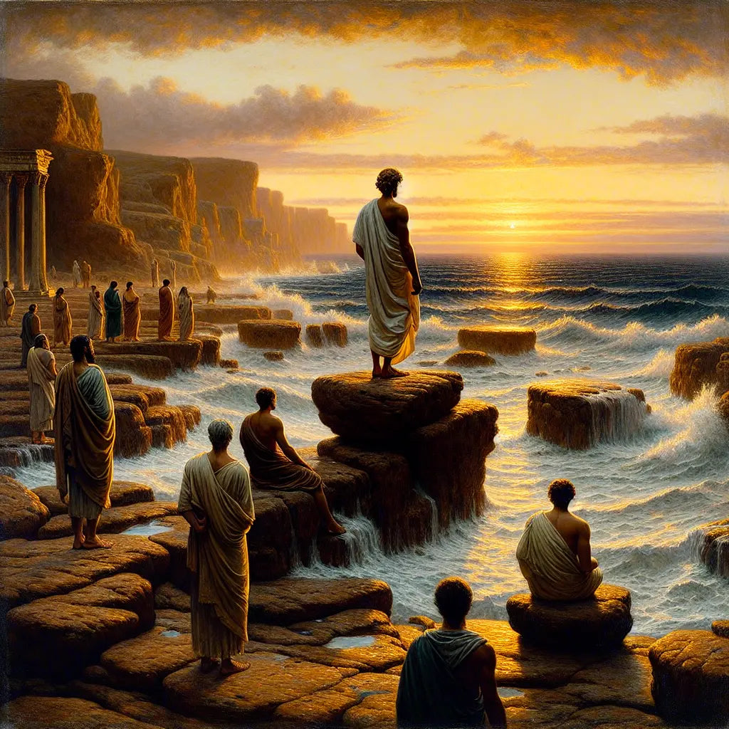 Serene Roman coastline at sunset with philosopher in toga, symbolizing peaceful stillness and Stoic harmony.