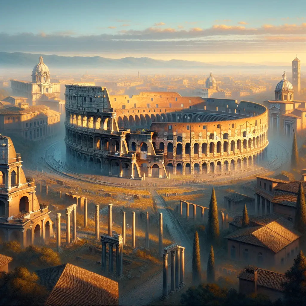 The Roman Colosseum at dawn, glowing under warm sunlight with detailed ancient arches and a clear blue sky above the surrounding Roman cityscape, painted in the style of classic 1960s historical epics.