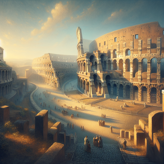 Early morning exterior view of the Roman Colosseum with tourists arriving at multiple entrances under clear skies, painted in a cinematic 1960s historical epic style.