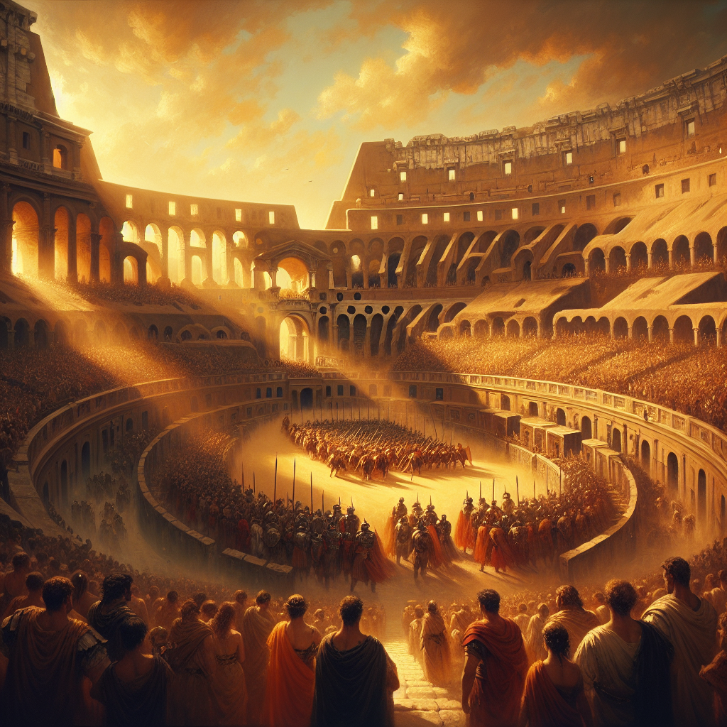 The Roman Colosseum filled with roaring crowds and ready gladiators in golden sunset light, depicted in a dramatic cinematic painterly style inspired by 1960s historical epics.