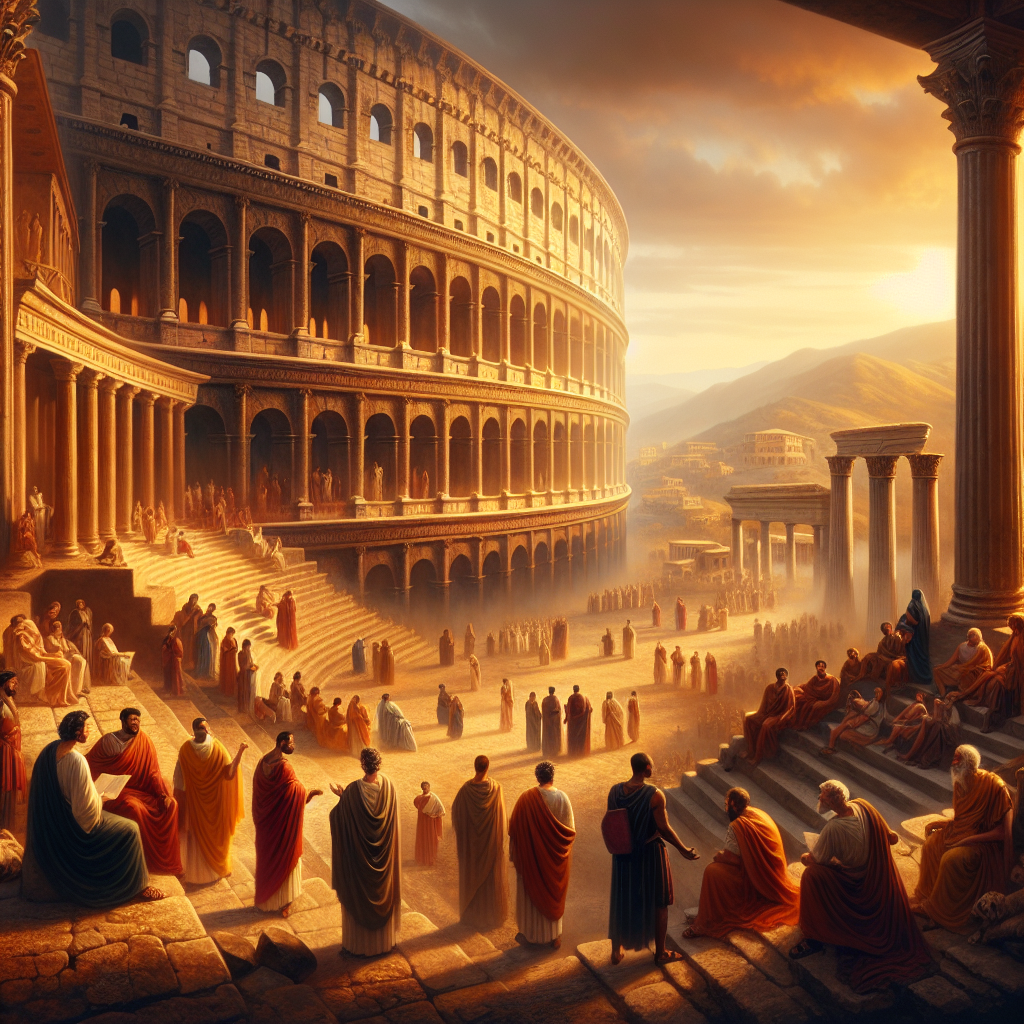 A cinematic painting of ancient Rome featuring the Roman Colosseum and Greek columns under a golden sunset, blending Italian and Greek cultural elements in a warm, authentic style.