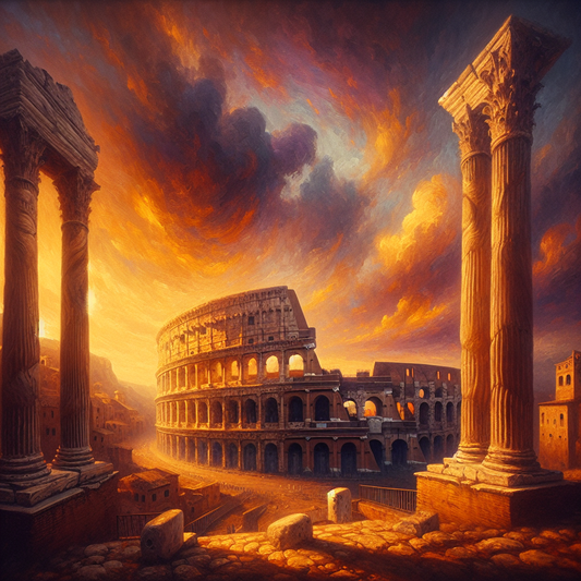 Panoramic view of ancient Roman Colosseum and marble columns under a vivid sunset sky, capturing the majestic legacy of Rome in a cinematic historical painting style.