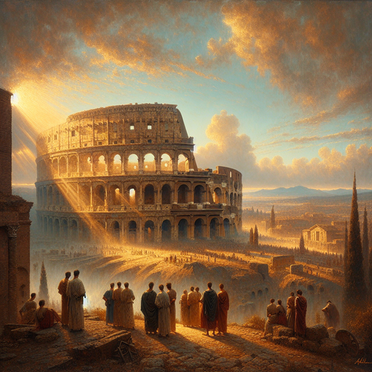 The ancient Roman Colosseum bathed in warm early morning sunlight with a few tourists approaching, captured in a majestic 1960s epic film painting style.