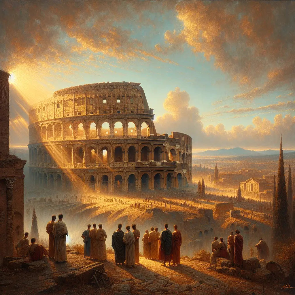 The ancient Roman Colosseum bathed in warm early morning sunlight with a few tourists approaching, captured in a majestic 1960s epic film painting style.