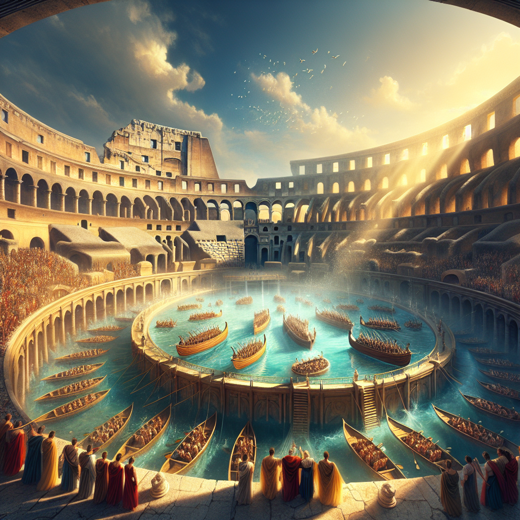 Panoramic view of the ancient Roman Colosseum flooded with water for mock naval battles, with wooden ships fighting and a cheering audience under a bright blue sky, painted in a 1960s historical epic style.