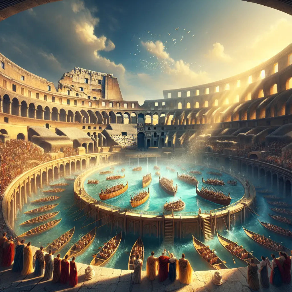 Panoramic view of the ancient Roman Colosseum flooded with water for mock naval battles, with wooden ships fighting and a cheering audience under a bright blue sky, painted in a 1960s historical epic style.