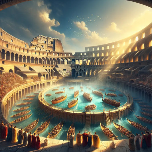 Panoramic view of the ancient Roman Colosseum flooded with water for mock naval battles, with wooden ships fighting and a cheering audience under a bright blue sky, painted in a 1960s historical epic style.