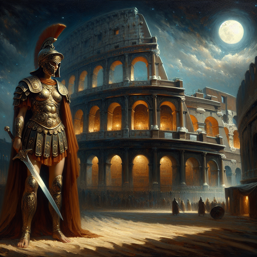 A shadowy female gladiator in ancient armor holding a sword stands in front of the illuminated Roman Colosseum under moonlight in a dramatic night scene.