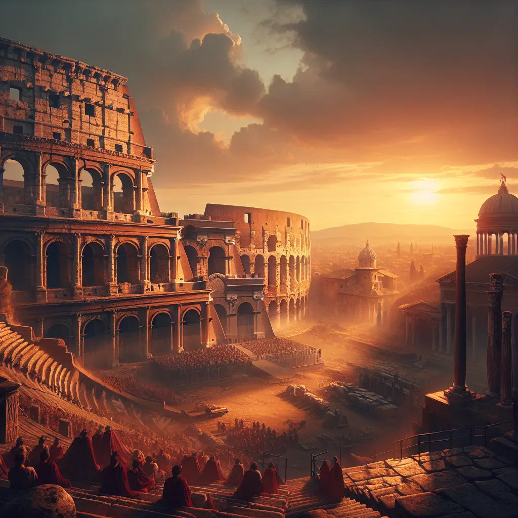 The Roman Colosseum ruins bathed in warm golden light at sunset, showcasing the grandeur of ancient stone arches with a softly lit Roman landscape in the background, in the style of a 1960s epic historical film painting.