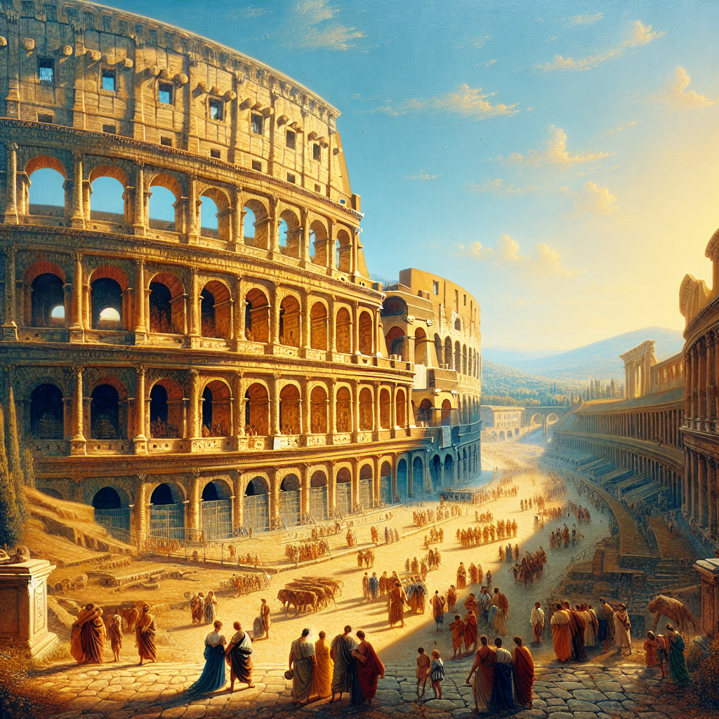 Visitors exploring the ancient Roman Colosseum under a bright blue sky with soft clouds, depicted in a cinematic 1960s epic painting style.