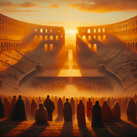 Panoramic view of the Roman Colosseum at sunset with silhouetted crowd, capturing the grandeur and drama of ancient Rome's animal hunts in a cinematic 1960s painting style.