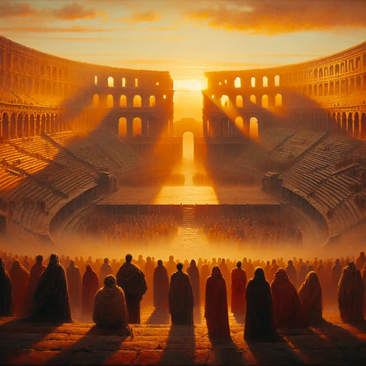 Panoramic view of the Roman Colosseum at sunset with silhouetted crowd, capturing the grandeur and drama of ancient Rome's animal hunts in a cinematic 1960s painting style.