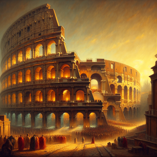 The Roman Colosseum illuminated by warm golden sunset light, showing its ancient stone arches and a few Roman figures nearby, painted in the style of classic 1960s historical epics.
