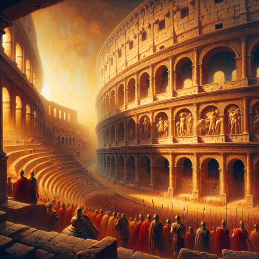 Majestic Roman Colosseum at sunset with dramatic skies, Roman soldiers nearby, and mythological images of Romulus and Remus on the structure, in the style of 1960s historical epics.