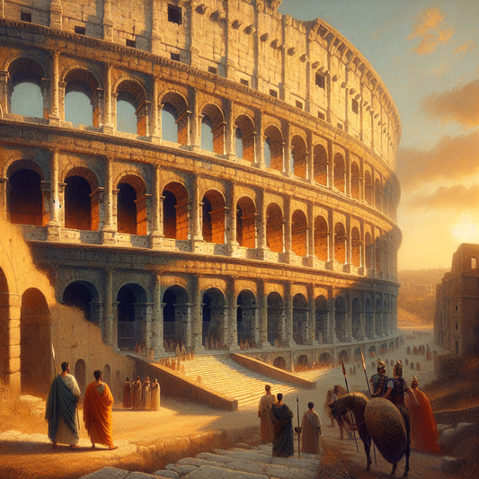 Panoramic view of the ancient Roman Colosseum at sunset, bathed in warm golden light that highlights the massive arches and stone textures, styled like a 1960s historical epic painting.