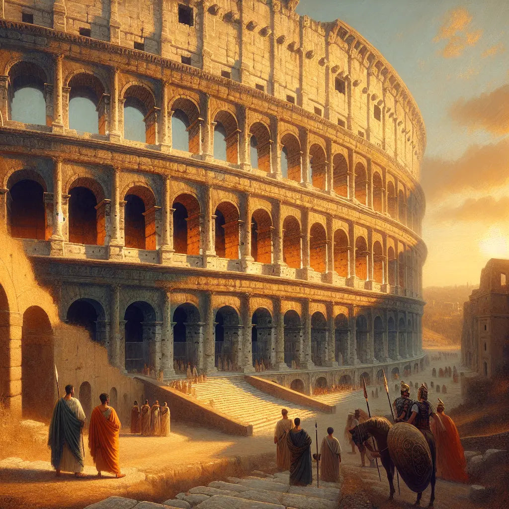 Panoramic view of the ancient Roman Colosseum at sunset, bathed in warm golden light that highlights the massive arches and stone textures, styled like a 1960s historical epic painting.