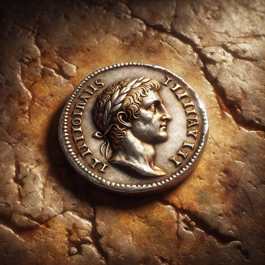 Close-up of an ancient Roman silver denarius coin on a textured stone surface, lit by warm natural light highlighting the emperor's profile and intricate details.