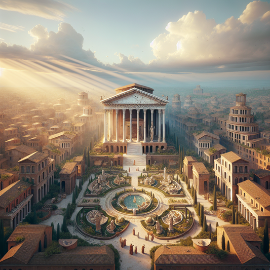 Panoramic view of ancient Roman cityscape showing diverse domestic buildings: bustling Insulae apartments, a grand Domus with atrium, and a luxurious Villa with gardens, depicted in warm sunlight and realistic 1960s epic painting style.