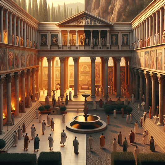 A detailed artistic reconstruction of an ancient Roman domus interior showing a luxurious atrium with frescoed walls and a peristyle garden next to a simpler, modest Roman home with lesser decoration under warm daylight.