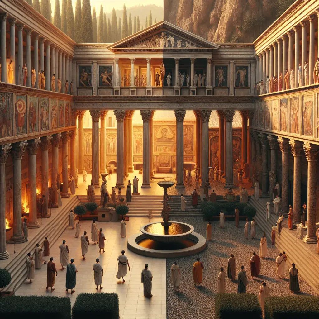 A detailed artistic reconstruction of an ancient Roman domus interior showing a luxurious atrium with frescoed walls and a peristyle garden next to a simpler, modest Roman home with lesser decoration under warm daylight.