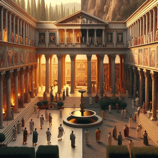 A detailed artistic reconstruction of an ancient Roman domus interior showing a luxurious atrium with frescoed walls and a peristyle garden next to a simpler, modest Roman home with lesser decoration under warm daylight.