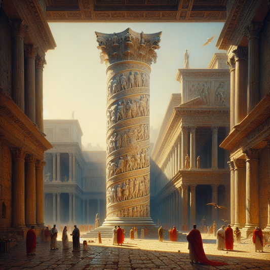 A towering ancient Roman Doric column in the center of Rome featuring detailed marble spiral reliefs of battles and diplomacy under a bright blue sky, styled as a cinematic 1960s historical epic painting.