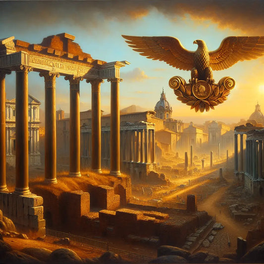 A majestic Roman eagle banner flies over the Roman Forum at sunset, with ancient marble columns glowing warmly in the golden light, symbolizing the strength and unity of the Roman Empire.