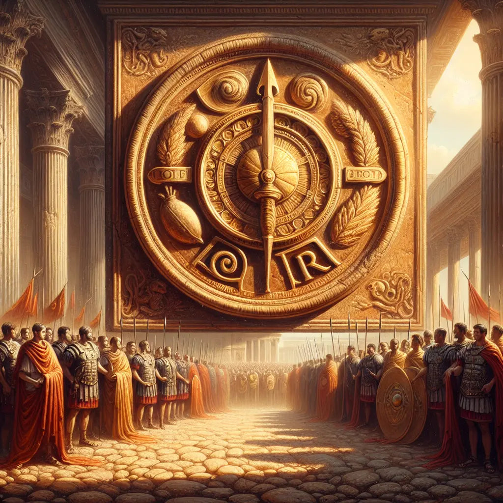Stone-carved SPQR emblem with artistic emphasis on the letter Q in the foreground, set against a backdrop of Roman citizen-soldiers in armor and red cloaks symbolizing military and governance strength.