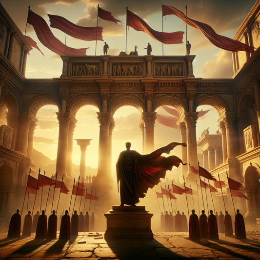 Silhouette of Roman Emperor Caligula standing heroically against ancient marble arches and red banners under golden sunlight, evoking his complex legacy in a 1960s historical epic painting style.