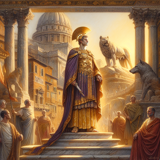 Roman emperor wearing a golden laurel wreath stands majestically in front of ancient Roman architecture with the Capitoline Wolf statue in the background, painted in the style of classic 1960s historical epics.