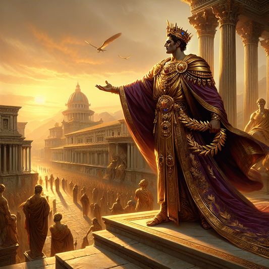 A Roman emperor wearing a richly decorated golden diadem crown and imperial purple toga stands heroically against a sunset-lit ancient Roman cityscape, symbolizing power and divine right.