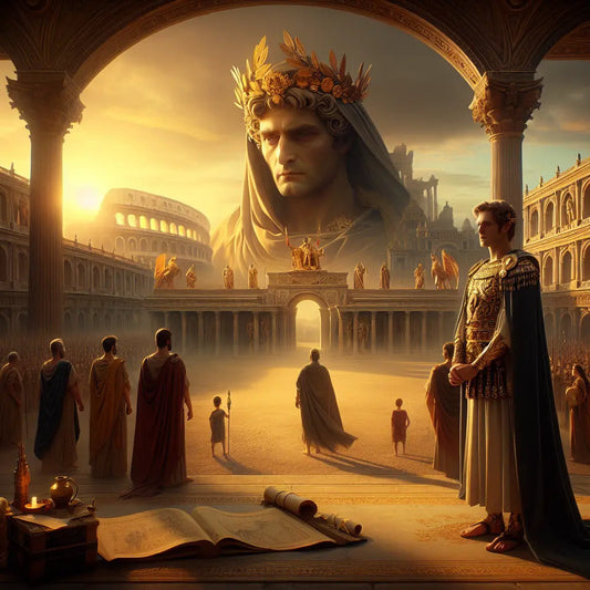 Roman emperor wearing a half laurel wreath and half jeweled diadem crown, standing heroic before the Colosseum and Roman Forum, symbolizing the evolution of imperial headgear in a classical 1960s cinematic painting style.