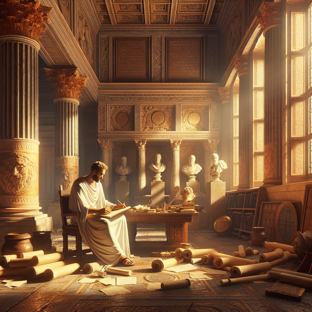 Ancient Roman emperor in white toga meditating thoughtfully in his study, bathed in soft natural light through classical marble columns, evoking wisdom and tranquility in a cinematic historical style.