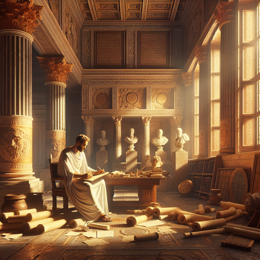 Ancient Roman emperor in white toga meditating thoughtfully in his study, bathed in soft natural light through classical marble columns, evoking wisdom and tranquility in a cinematic historical style.