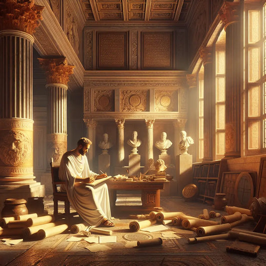 Ancient Roman emperor in white toga meditating thoughtfully in his study, bathed in soft natural light through classical marble columns, evoking wisdom and tranquility in a cinematic historical style.