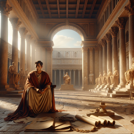Roman emperor in traditional robes thoughtfully holding a scroll amid ancient Roman architecture and stoic symbols like laurel wreaths and scrolls, depicted in a warm, cinematic 1960s historical epic style.
